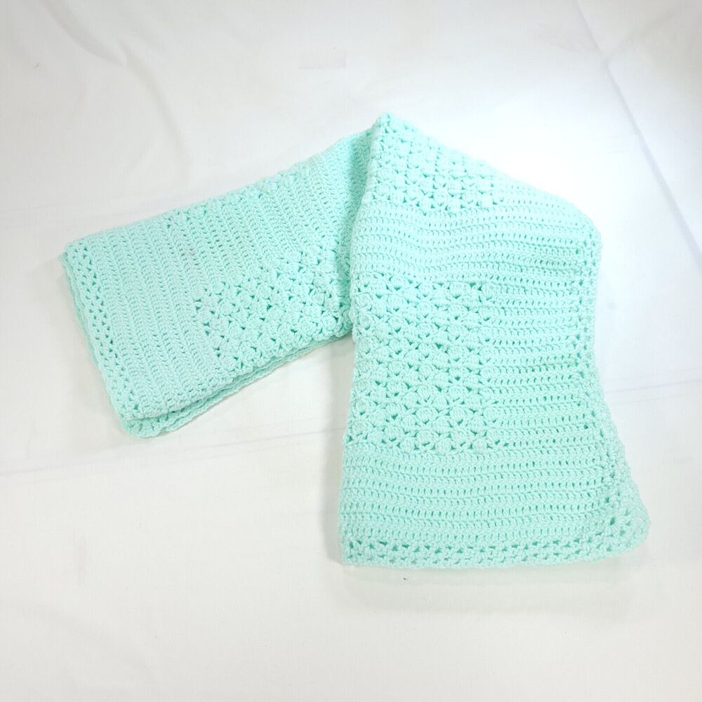 Vintage Handmade Afghan Blanket Geometric Square Crochet Knit 33x33 Green - Picture 2 of 6